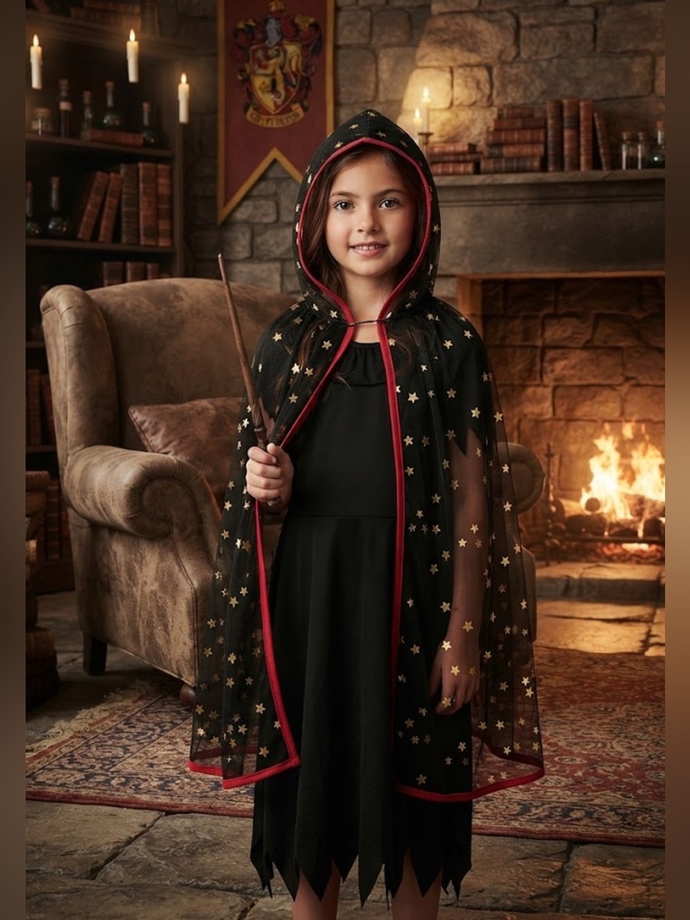 Harry Potter black with stars magical cape & black dress girls costume Sz 7/8